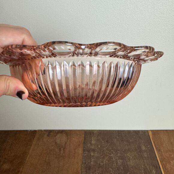 Depression Era Pink Glass Ribbed Lace Edge Serving Candy Bowl - Picture 3 of 6